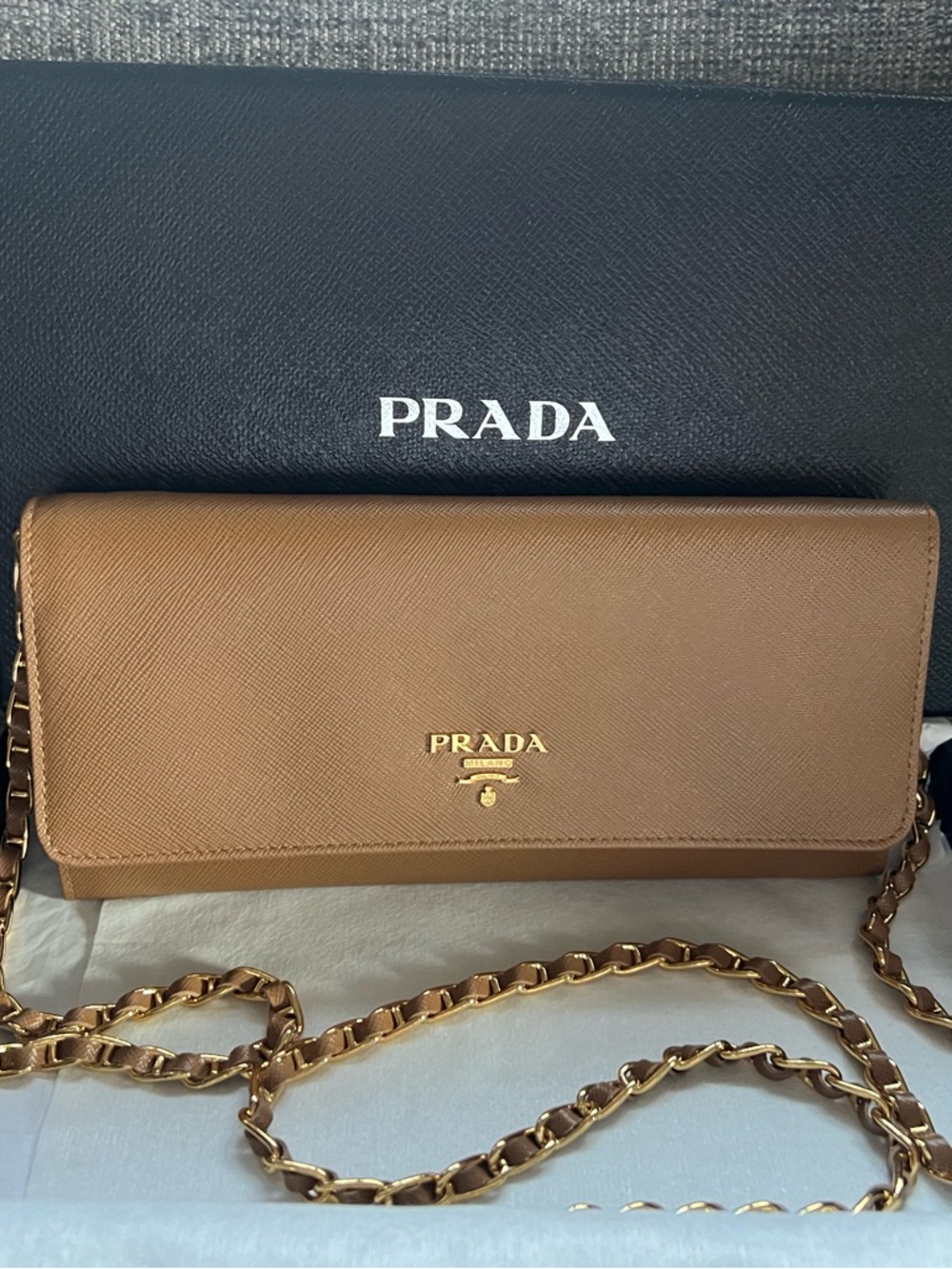 Prada Caramel Saffiano Leather Long Wallet with Gold Chain - Picture 2 of 3